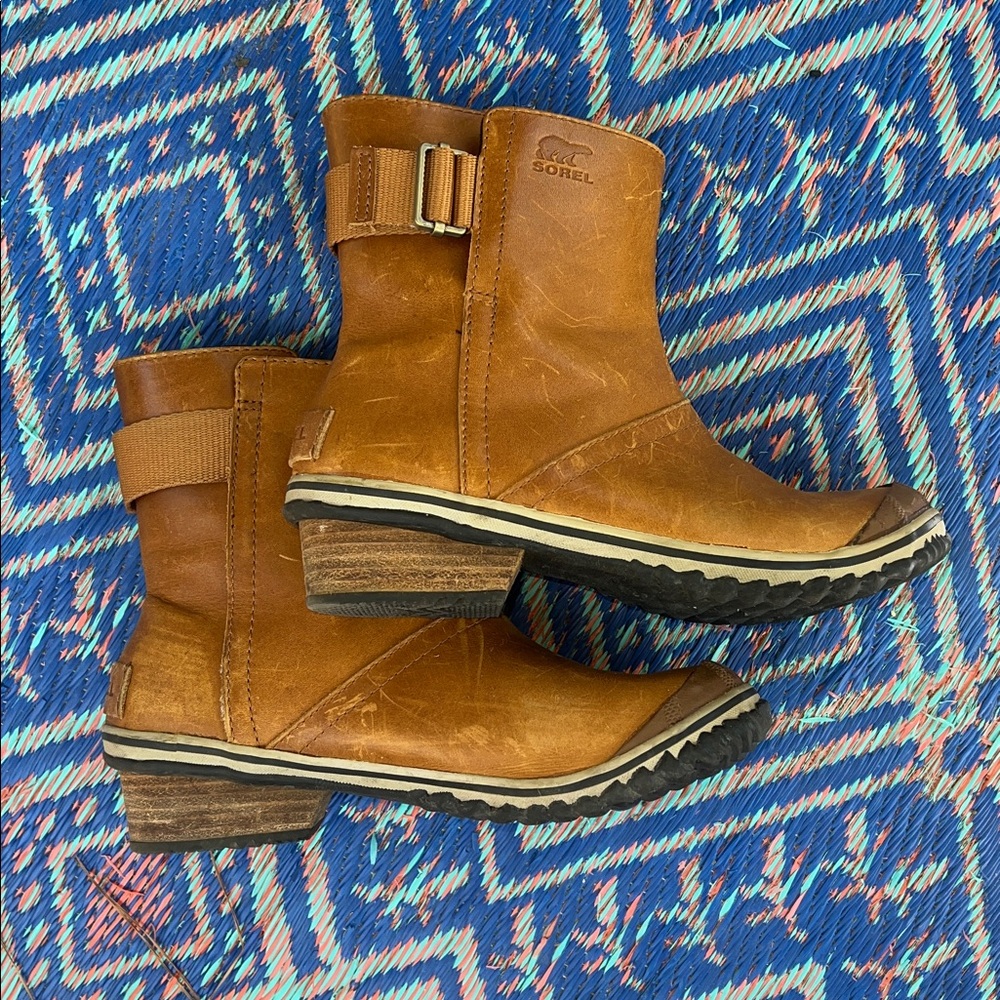 Sorel Tan Ankle Boots with Buckle Strap and Rugged Sole